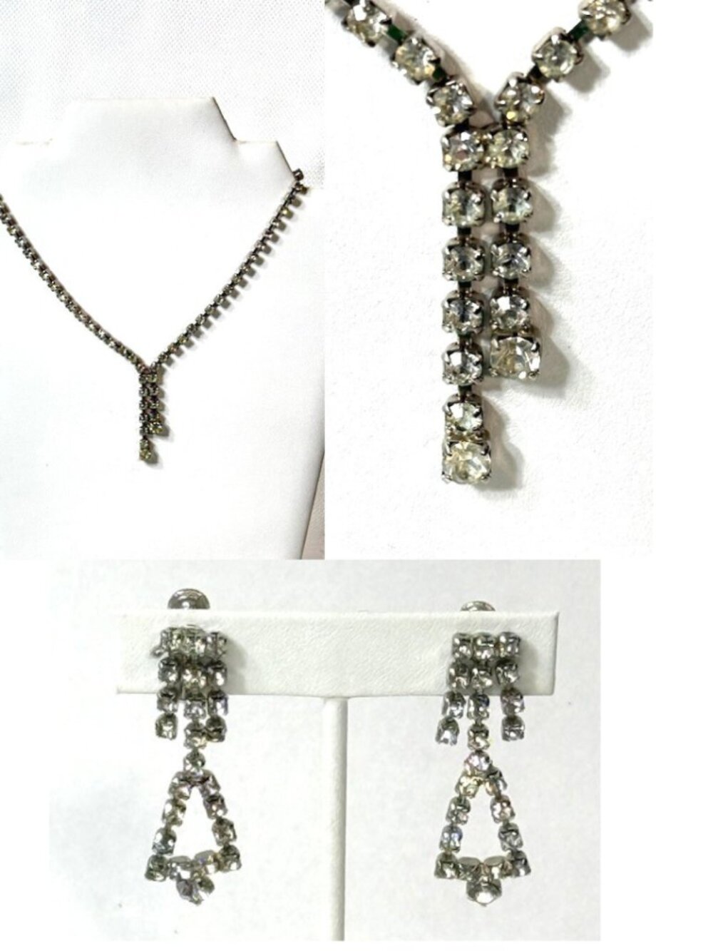 Vintage silver-tone and rhinestone necklace with matching screw-back earrings.
